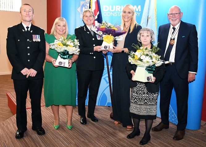 Left to right: Assistant Chief Constable Richie Allen, Karen Bromley, Chief Constable Rachel Bacon, Helen Pickering, Gillian Bartlett and Vice Lord Lieutenant Michael Poole