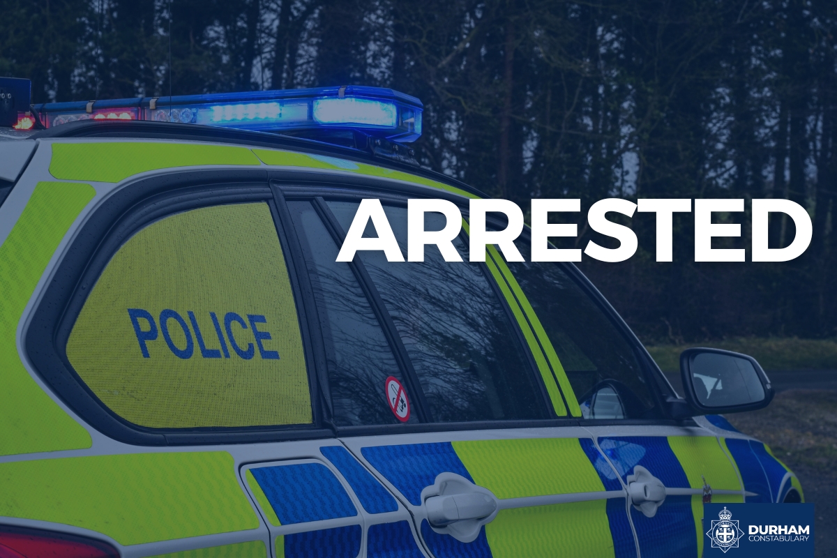 A police graphic with a police car and the word arrested
