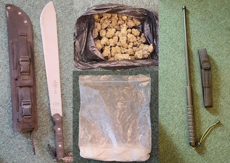 The machete, baton and drugs that were seized.
